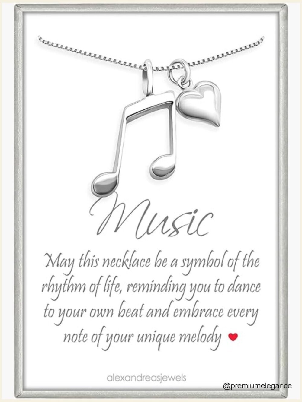 Sterling Silver Music Note Necklace with Heart Charm, Pendant